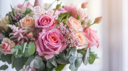 Beautifully Arranged Fresh Pink and Peach Roses with Greenery in a Vase Placed Near a Bright Window for a Soft and Romantic Floral Display