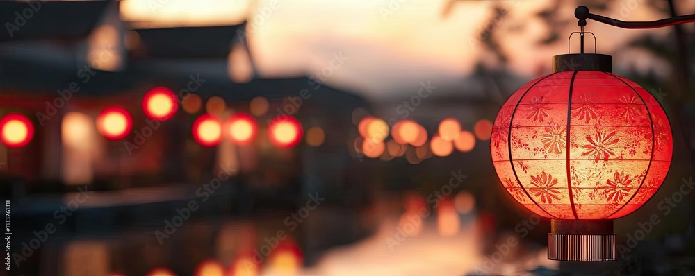 Poster chinese new year lighting idea. a red lantern illuminates a serene riverside scene during twilight.