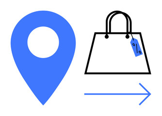 Locator pin, shopping bag with discount tag, and direction arrow. Ideal for retail, e-commerce, sales promotion, navigation, customer journey shopping guides mobile apps. Abstract line flat