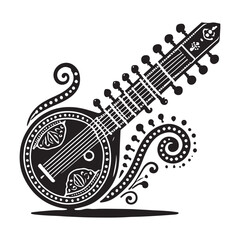 Sitar Silhouette Vector Illustration, Solid White Background.