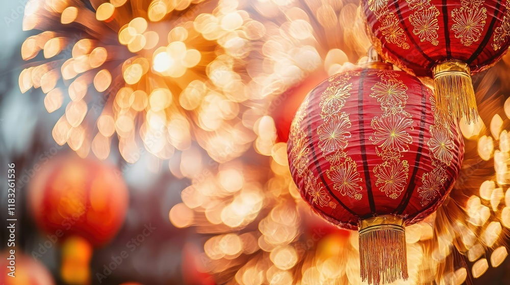 Poster chinese new year fireworks concept. vibrant red lanterns illuminate the festive atmosphere with glow