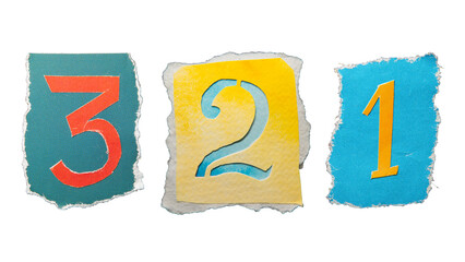 Handmade 3, 2 and 1 numbers created from torn colorful magazine paper. Ransom note style letters.