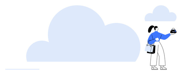 Woman standing with shopping bags, holding a small cloud data symbol, large light blue cloud in background. Ideal for cloud technology, data storage, shopping, online retail, digital service, modern