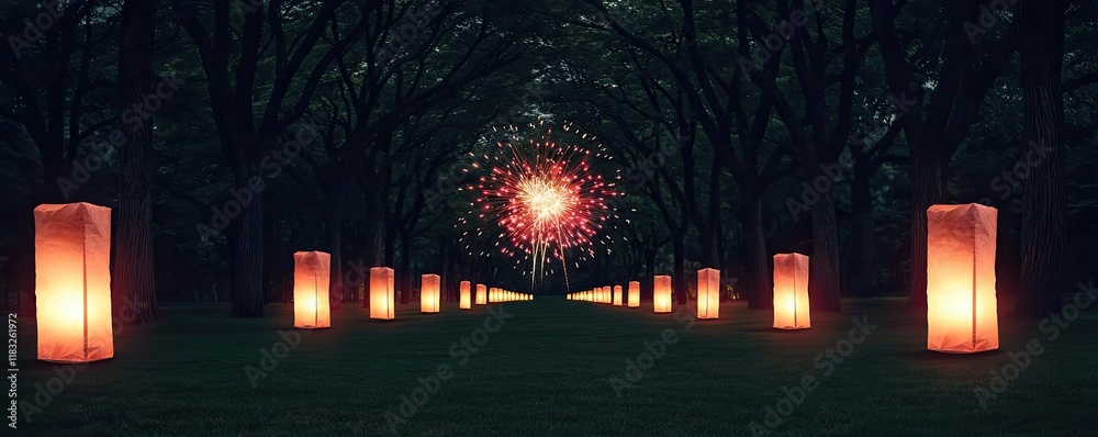 Poster chinese new year fireworks concept. a tranquil scene of illuminated lanterns lining a path through a