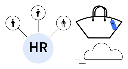 Human resource interconnected with individuals, shopping bag with price tag, cloud icon. Ideal for HR management, e-commerce, cloud storage, networking, online shopping, recruitment tech solutions
