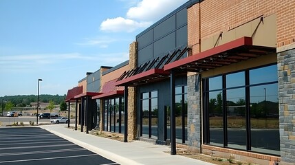 Obraz premium Modern European shop exterior with sleek architectural design, neutral tones, and abundant copy space, highlighted by natural light and a clean, minimalistic aesthetic