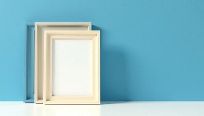 Three picture frames in beige cream and blue gray colors stacked on a plain white surface, , blue