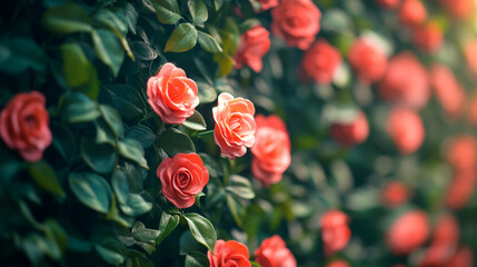 Obraz premium Blooming pink roses adorn a lush green wall in a tranquil setting during golden hour
