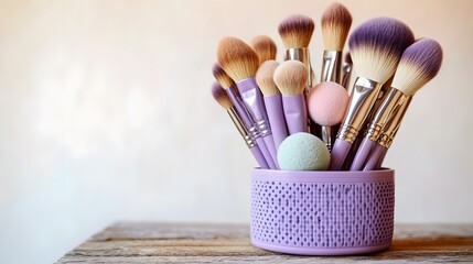 Vibrant purple organizer containing makeup brushes and sponges, ideal for beauty routines