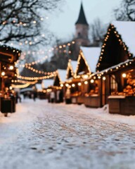 A vibrant winter scene of a traditional Christmas market with colorful stalls, strings of lights, and the aroma of roasted chestnuts.