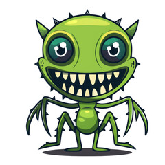 Fototapeta premium A cartoon green monster with a wide grin, big eyes, and sharp teeth.