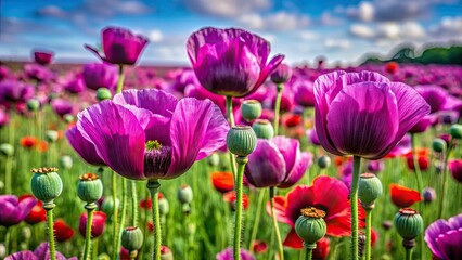 Obraz premium A vibrant field of purple and red opium poppies, meticulously weeded, showcases stunning floral landscapes and vivid colors.