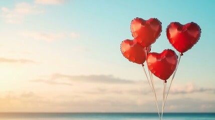 Fototapeta premium Red heart-shaped balloons drift gracefully against a vivid backdrop, radiating love and joy, creating a unique and special valentine-inspired atmosphere.
