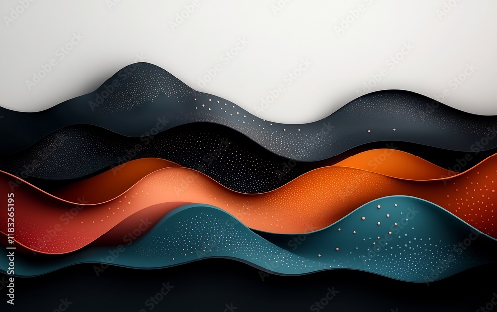 Poster Moody and dynamic abstract background featuring pastel dots and flowing lines creating a wave patterned mountain scene in a seamless 3D CGI setting with a white backdrop
