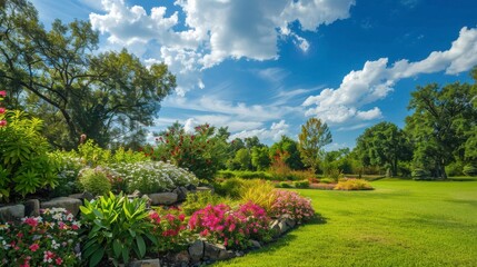 Vibrant Garden Landscape with Colorful Flowers, Lush Green Grass, and Dramatic Sky Blue Background in a Sunny Day Celebrating Nature's Beauty