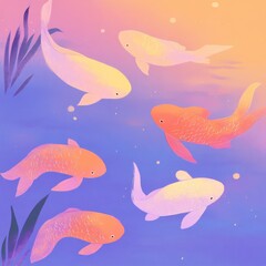 Fototapeta premium A whimsical illustration of a magical river with glowing colorful koi fish swimming beneath the surface, set against a pastel sunset.