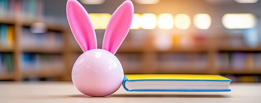 A playful pink bunny decoration resting on a colorful book in a bright library setting, perfect for Easter themes.