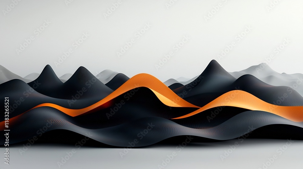 Poster Minimalistic abstract background with dark mountain like waves created by pastel dots and lines forming a dynamic flowing geometric pattern on a white surface  3D rendering with a modern high end