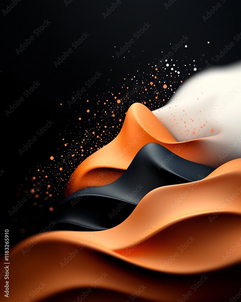 Poster serene abstract dark background with soft pastel dots and dynamic lines creating a wave like mountai
