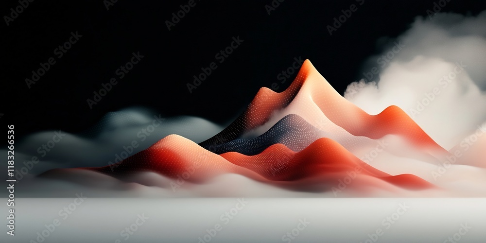 Poster dreamlike abstract dark background with pastel dots and dynamic lines creating a wave shaped mountai