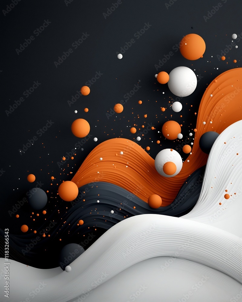 Poster serene abstract dark background with soft pastel dots and dynamic lines creating a wave like mountai