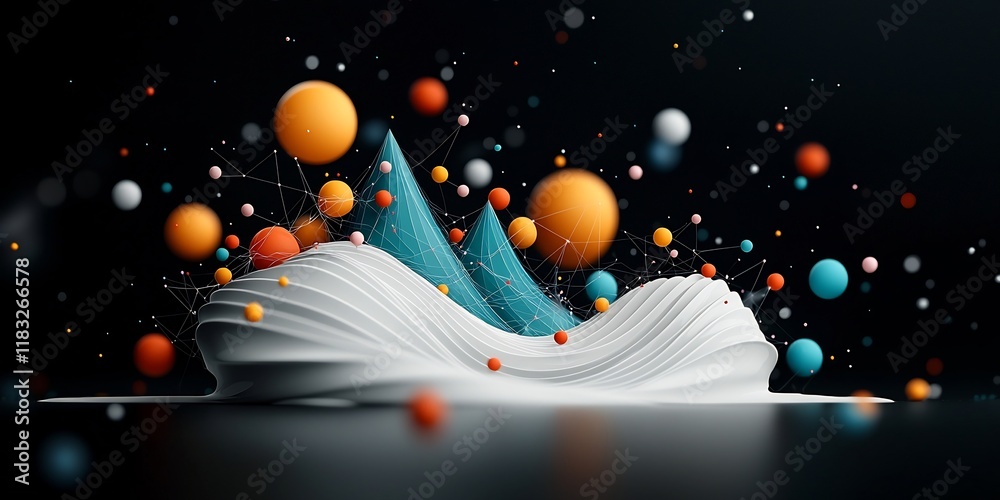 Poster dreamlike abstract dark background with pastel dots and dynamic lines creating a wave shaped mountai