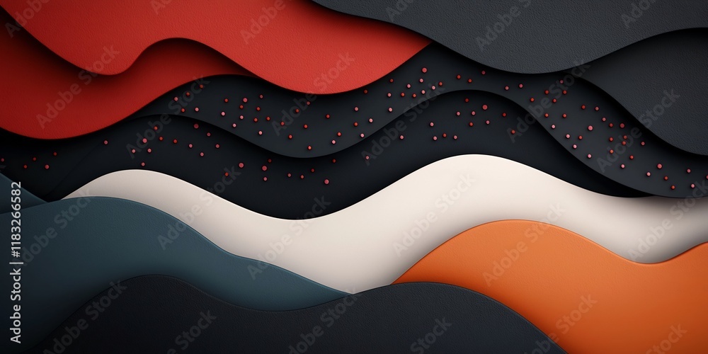 Poster Dreamlike abstract dark background with pastel dots and dynamic lines creating a wave shaped mountain scene 3D rendering seamless white