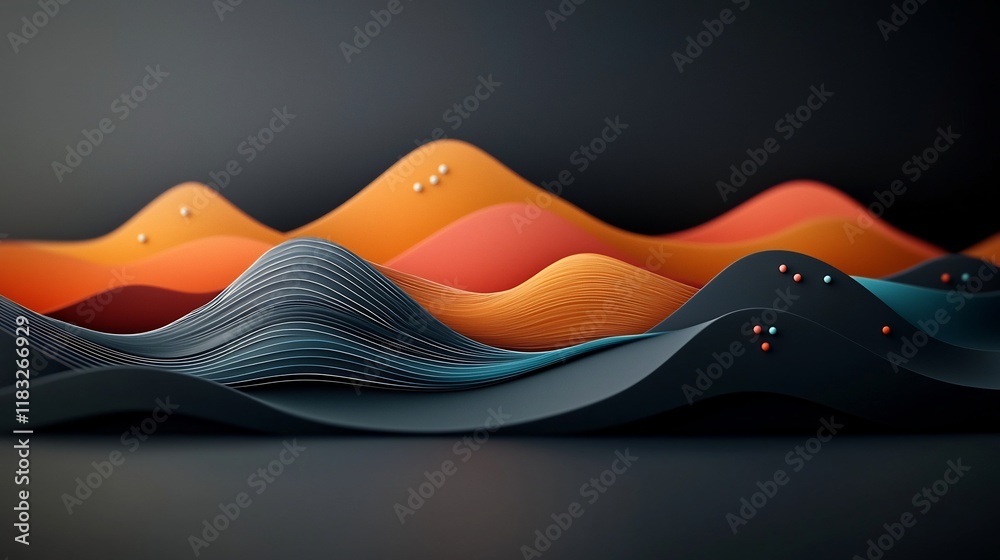 Poster Mesmerizing abstract mountain landscape with pastel dots and undulating waves creating a dynamic and visually captivating 3D rendering on a dark background  This digital showcases a modern minimalist