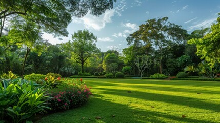 Obraz premium Lush Green Garden with Vibrant Flowers and Trees Under a Clear Blue Sky, Capturing the Essence of Nature's Beauty and Tranquility in a Serene Outdoor Setting