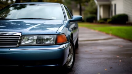A used car in pristine condition parked on a quiet driveway, illuminated by soft natural lighting, highlighting its cleanliness, quality, and simplicity, perfect for showcasing affordability
