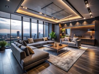 Naklejka premium Modern Minimalist Living Room: Dark Tones, Ambient Lighting, Drone View