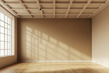Sunlit empty room, hardwood floor, coffered ceiling, interior design mockup