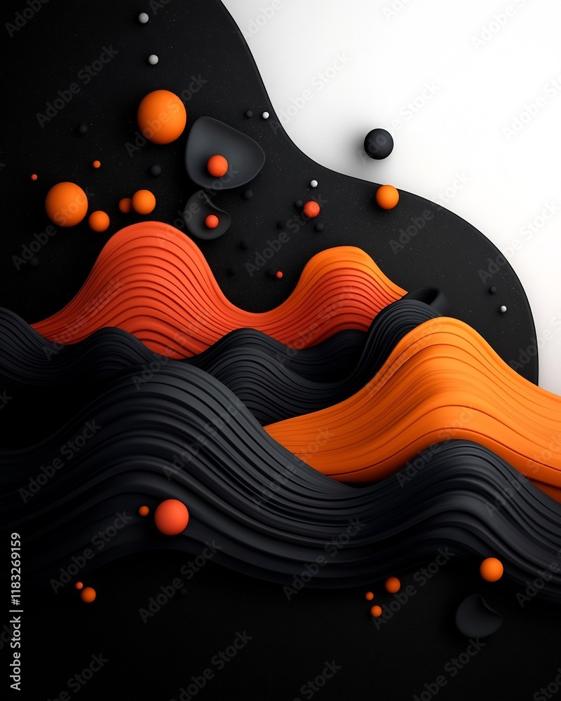 Poster Dreamlike abstract dark environment with soft pastel dots and undulating lines composing a wave patterned mountain design 3D CGI on a plain white