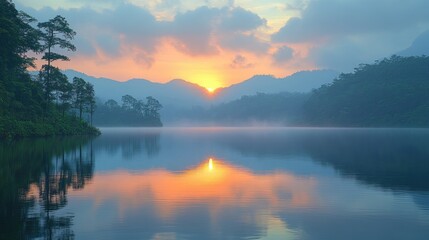 Serene sunrise over misty lake, reflecting vibrant colors in calm water. Ideal for travel, nature, and tranquility themed projects.