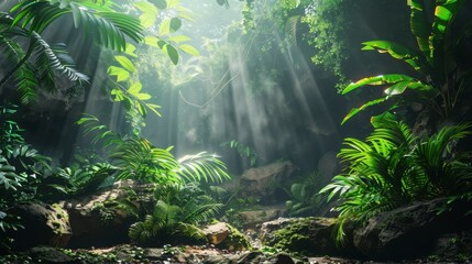Lush Green Jungle Scene with Sunlight Beams Filtering Through Canopy and Illuminating Dense Foliage and Rocks in Serene Nature Environment