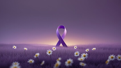 Symbolic landscape with lavender ribbon and blossom lilies petals represented World Cancer Day theme