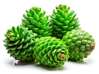 Fototapeta premium Vibrant young pine cones, pristine white backdrop. Nature's detail, perfect stock image.