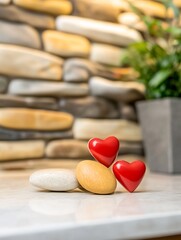 Close-up Photo: Two Charming Red Hearts Resting Gently on Smooth Stones, Kitchen Backdrop. AI Generated