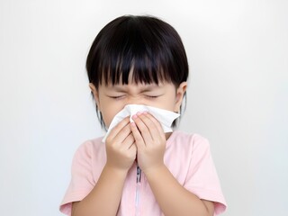 A young Asian girl uses a tissue to cover her nose while sneezing. She appears to have a cold or flu. The image depicts childhood illness and the importance of hygiene.