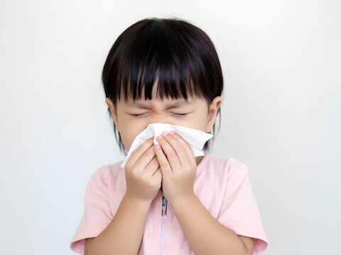 A young Asian girl uses a tissue to cover her nose while sneezing. She appears to have a cold or flu. The image depicts childhood illness and the importance of hygiene.