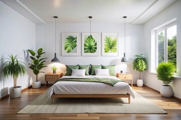 Modern Minimalist White Bedroom with Botanical Prints -  Clean Lines & Simple Decor