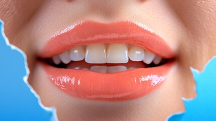 Naklejka premium Close-up Photo: Vibrantly Colored Lips Smiling Through Torn Paper, Surreal Style. AI Generated