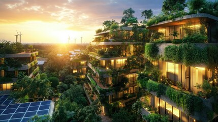 Obraz premium a green city surrounded by wind turbines and trees, landscape of a future city
