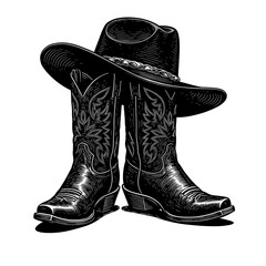 Cowboy boots and western hat. Vector graphic hand drawn illustration rodeo cowboy clothes isolated on white for print or design
