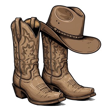 Cowboy boots and western hat. Vector graphic hand drawn illustration rodeo cowboy clothes isolated on white for print or design
