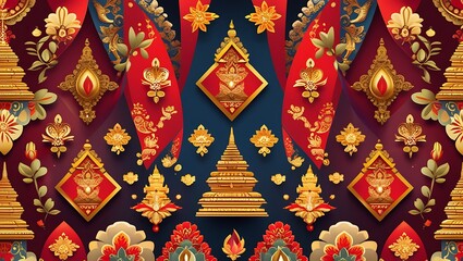 Ornate Golden Pagodas and Red Floral Decorations