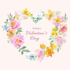 A heart-shaped wreath frame made of abstract watercolor flowers and foliage. A botanical heart-shaped frame for Valentine's Day