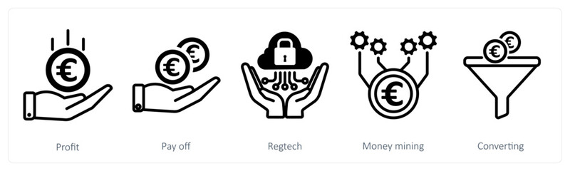 A set of 5 Euro icons as profit, pay off, regtech