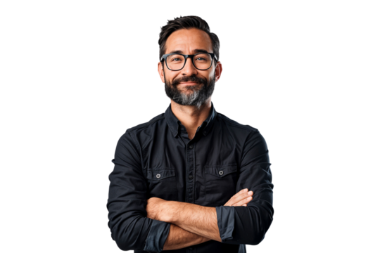 Casual man smiling with arms crossed and wearing glasses, isolated on white background