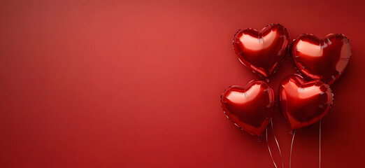 The image showcases a row of red metallic heart balloons against a deep red background.Valentine's Day decor